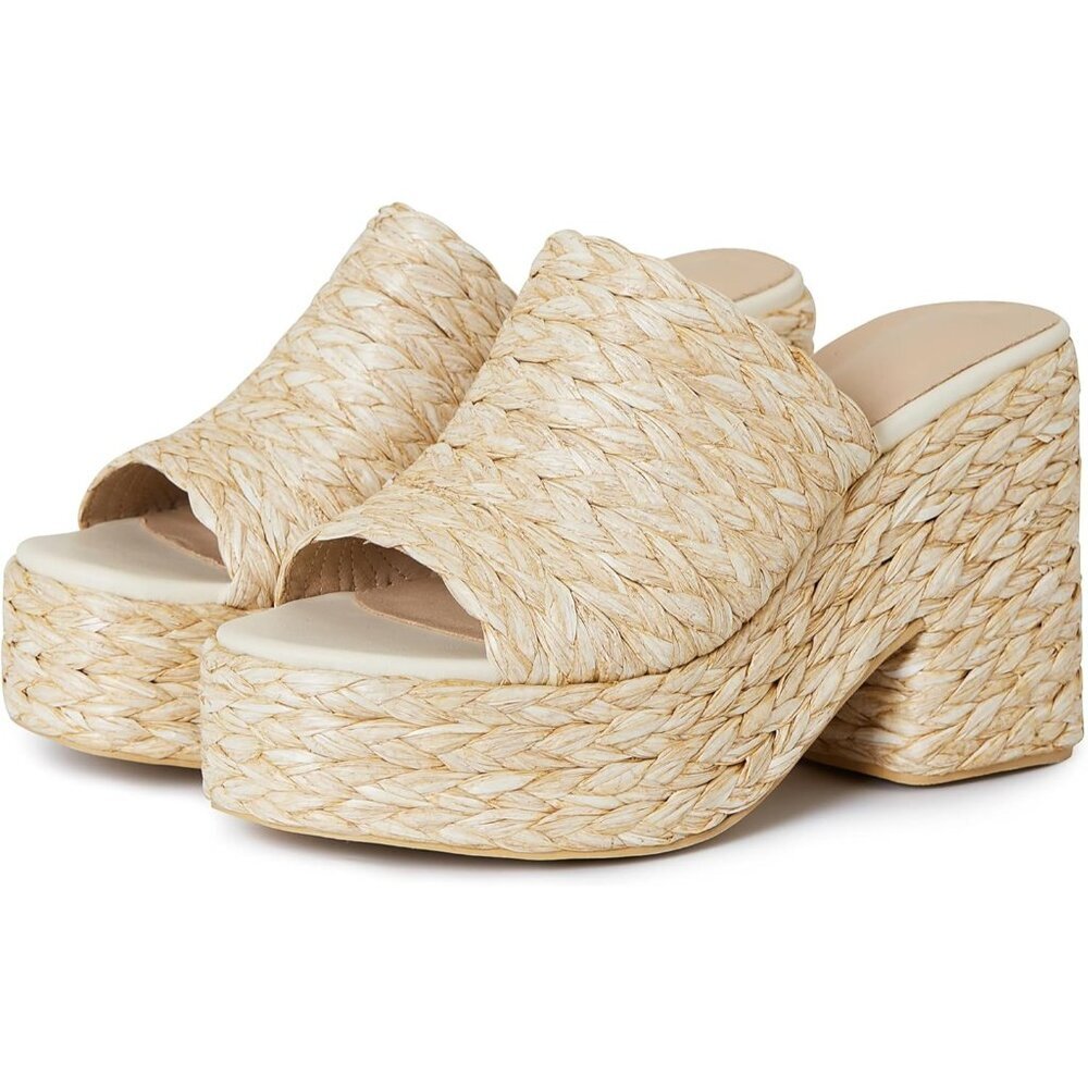 Women's 1 Photo Colour Wedges Open Toe Raffia Woven Slides Chunky Heeled Shoes